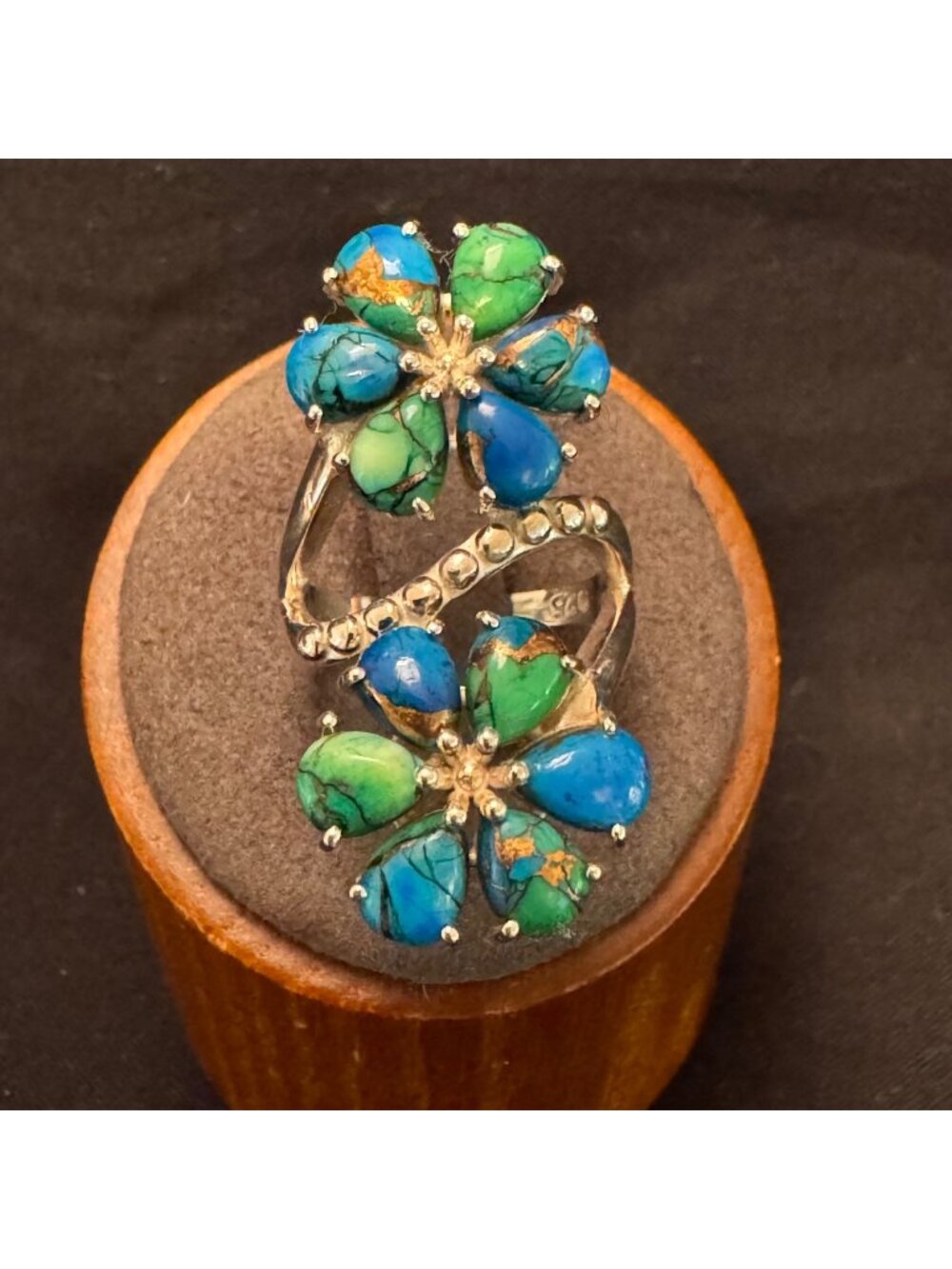 Solid Sterling Silver 925 Turquoise & Marcasite Flower Design Ring Size 7